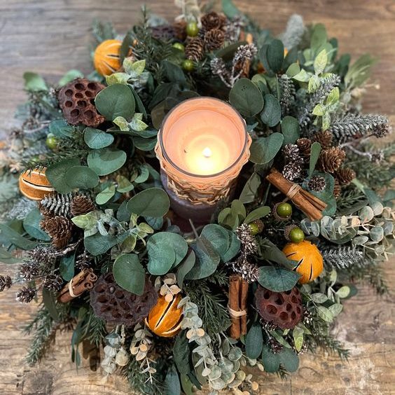 Christmas Table Decoration with dried fruits and cinnamon