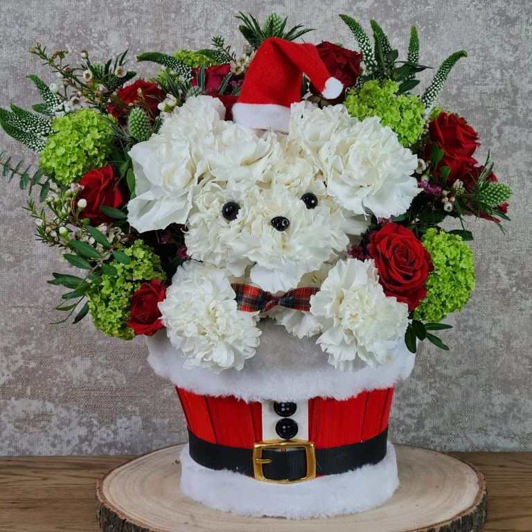 Christmas puppy made from carnation flowers